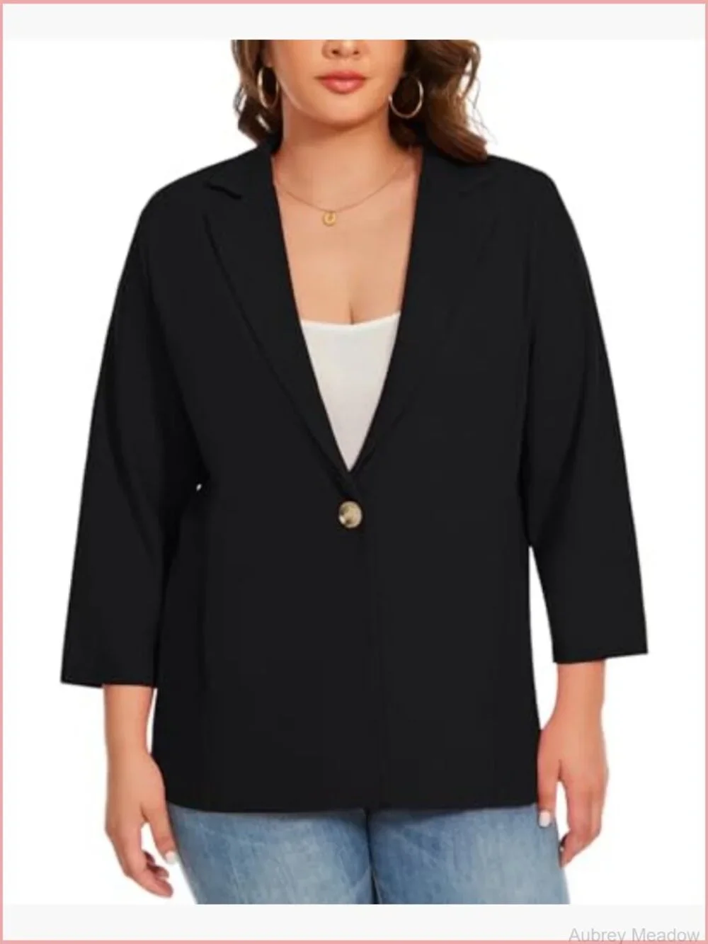 Plus Size Blazer 3/4 Sleeve Notch Lapel One Button Open Front Pockets Work